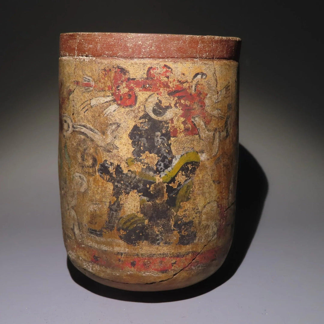 Maya Terracotta Cylinder with Three Painted Figures - 4th to 10th Century CE | Published & Exhibited