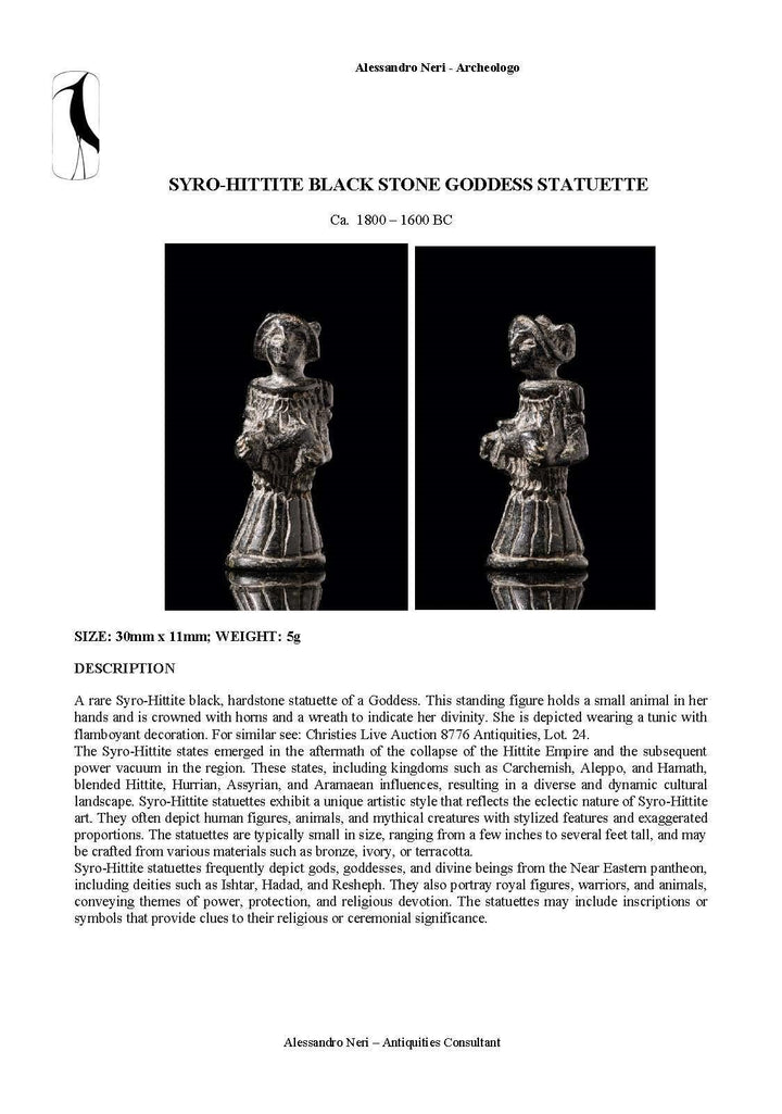 Syro-Hittite Black Stone Goddess Statuette - 18th to 17th Century BCE | Proven Divine Symbolism