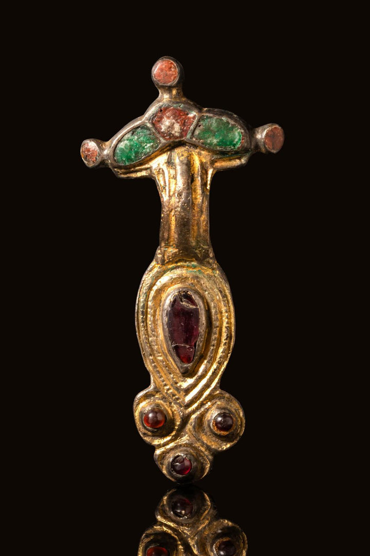 Merovingian Gilded Silver Bow Brooch with Garnet - 7th to 8th Century CE | Rare Medieval Cross Form