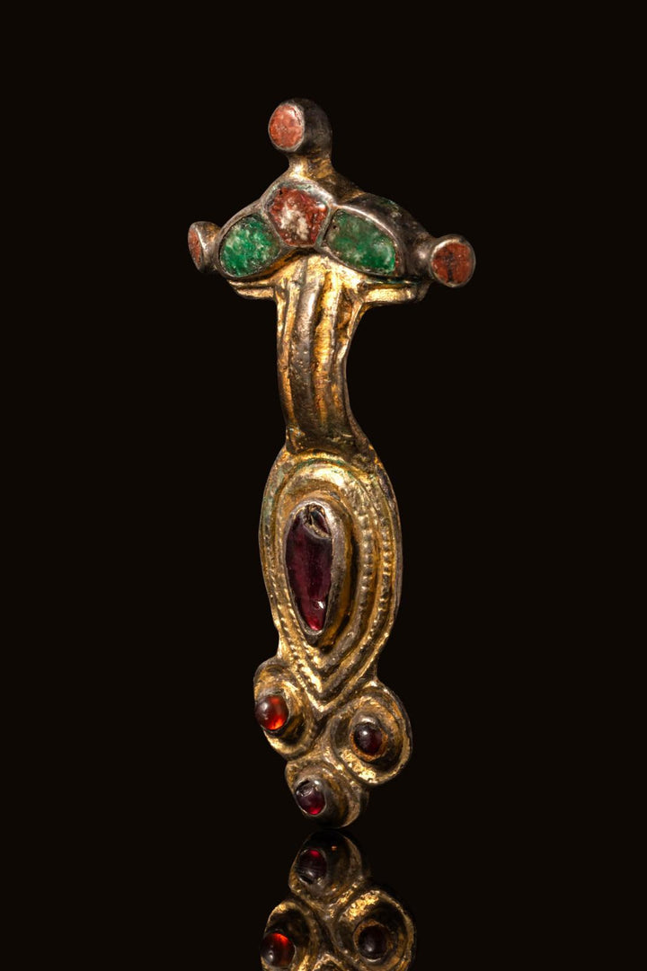 Merovingian Gilded Silver Bow Brooch with Garnet - 7th to 8th Century CE | Rare Medieval Cross Form