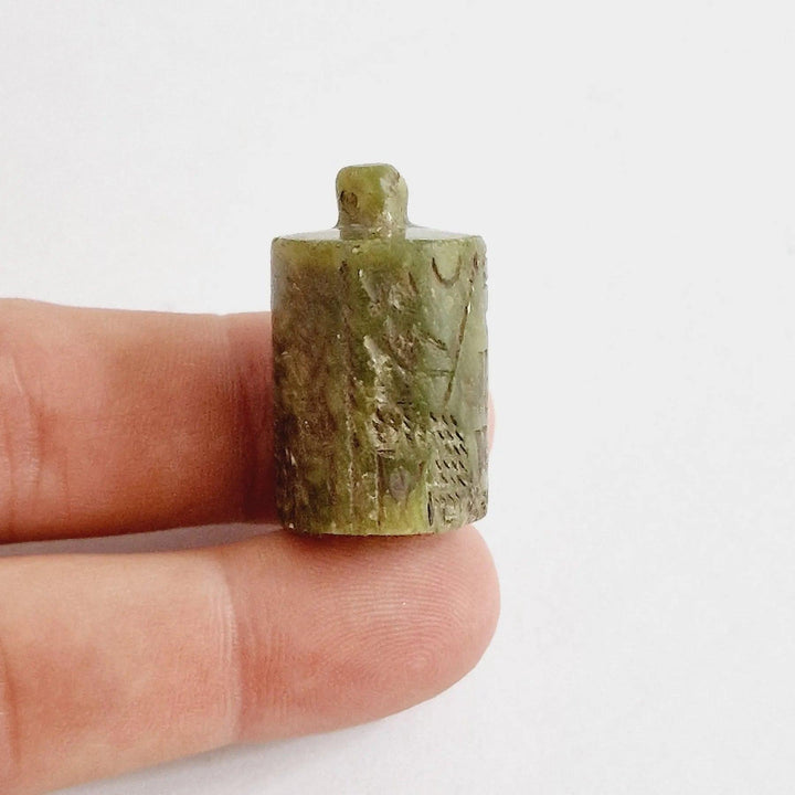 Mesopotamian Green Nephrite Carved Cylindrical Bead Talisman - 1st Millenium CE | Zelnik Collection