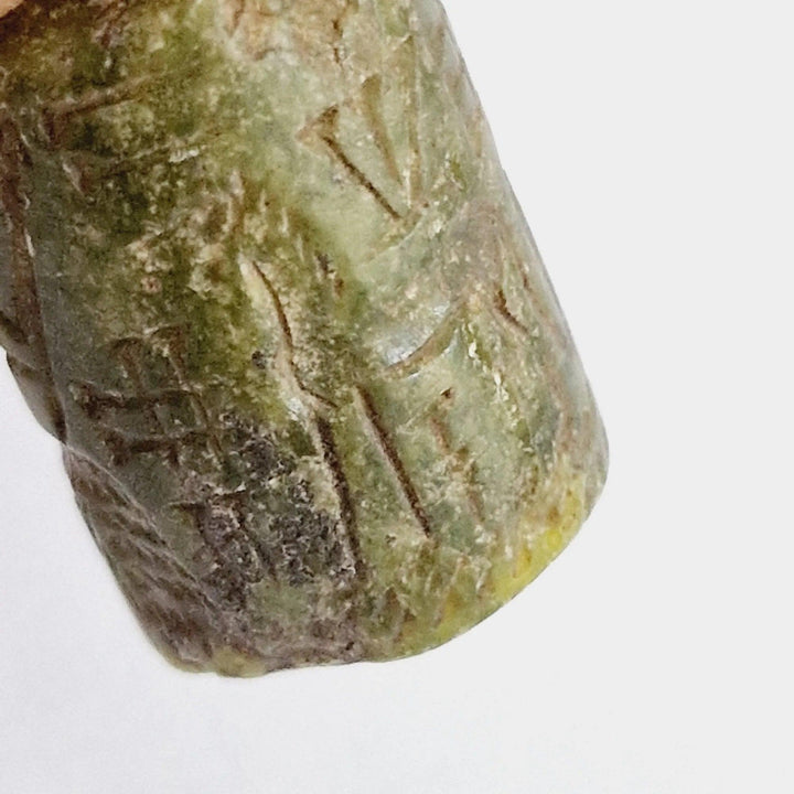 Mesopotamian Green Nephrite Carved Cylindrical Bead Talisman - 1st Millenium CE | Zelnik Collection