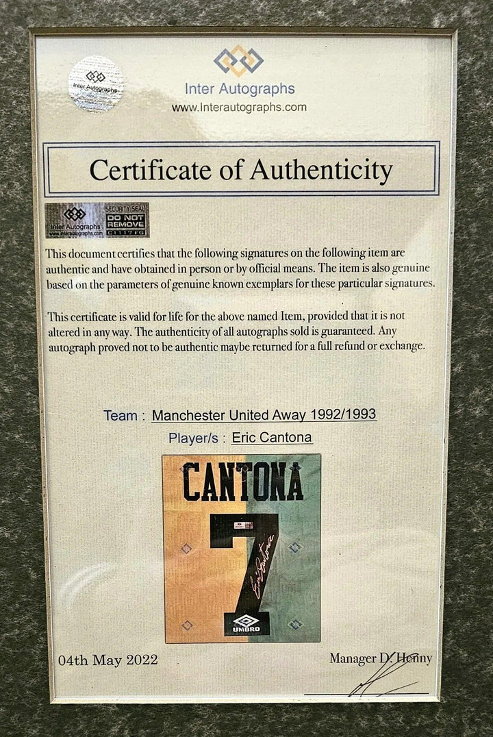 Eric Cantona 7 Manchester United 1992-1993 Away - Signed Soccer Shirt | Museum-Quality Framing